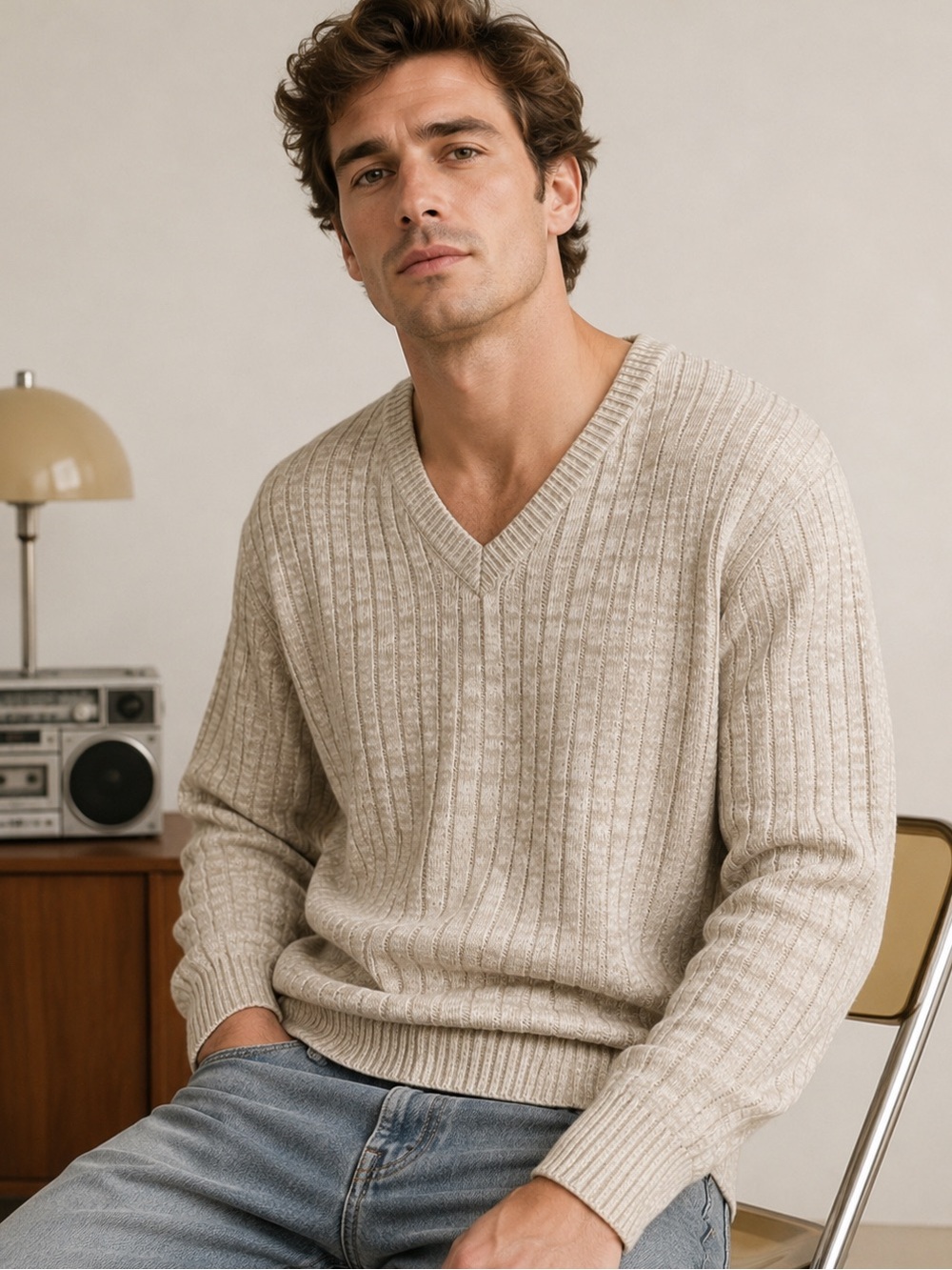 Vintage Brian MacNeil Sportswear Ribbed V-Neck Sweater Taupe Gray Slim Small 80s